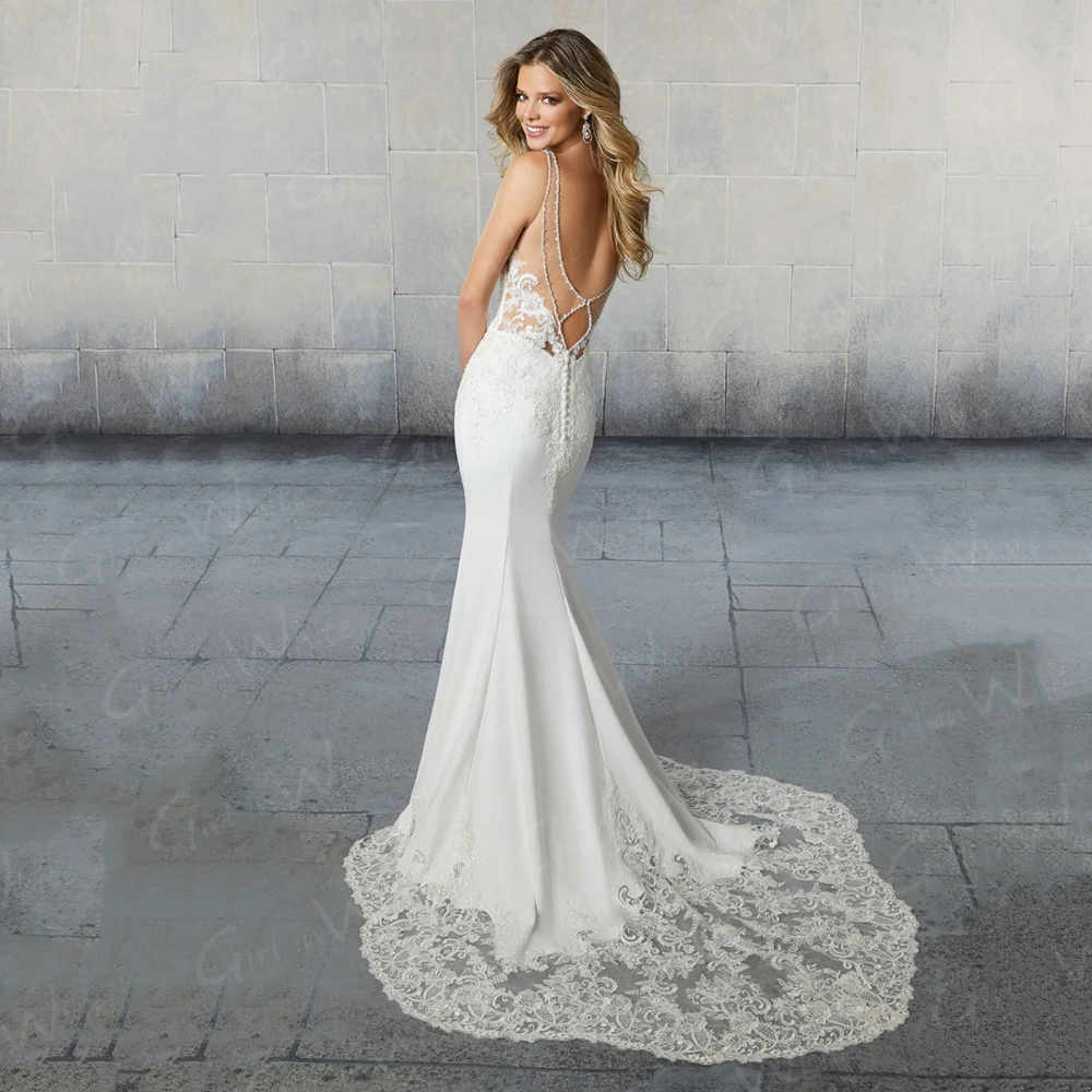 Sexy Spaghettibandjes Mermaid Wedding Dress V-hals Lace Trein Backless Satin Bruidsjurken Vestidos De Novia Robe De Mariee