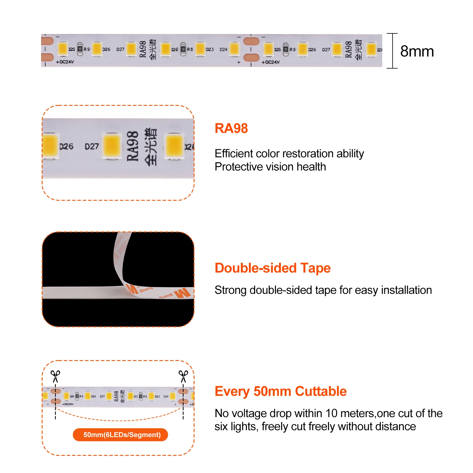 유연한 테이프 풀 스펙트럼 LED 램프, RA98 LED 스트립, 고휘도 120LED/m, 24V, 2700K, 3000K, 3500K, 4000K, 5000K, 6000K, 10m