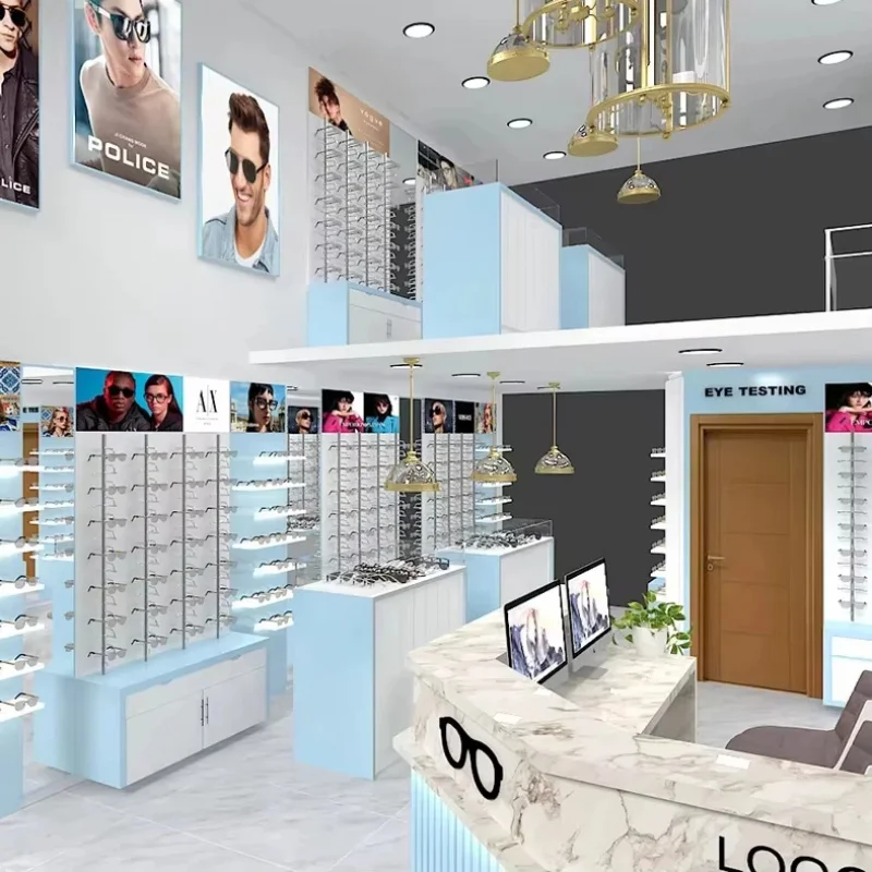 

Индивидуальные деревянные витрины для очков с LED-подсветкой, дизайн интерьера магазина, мебель для демонстрации оптической продукции