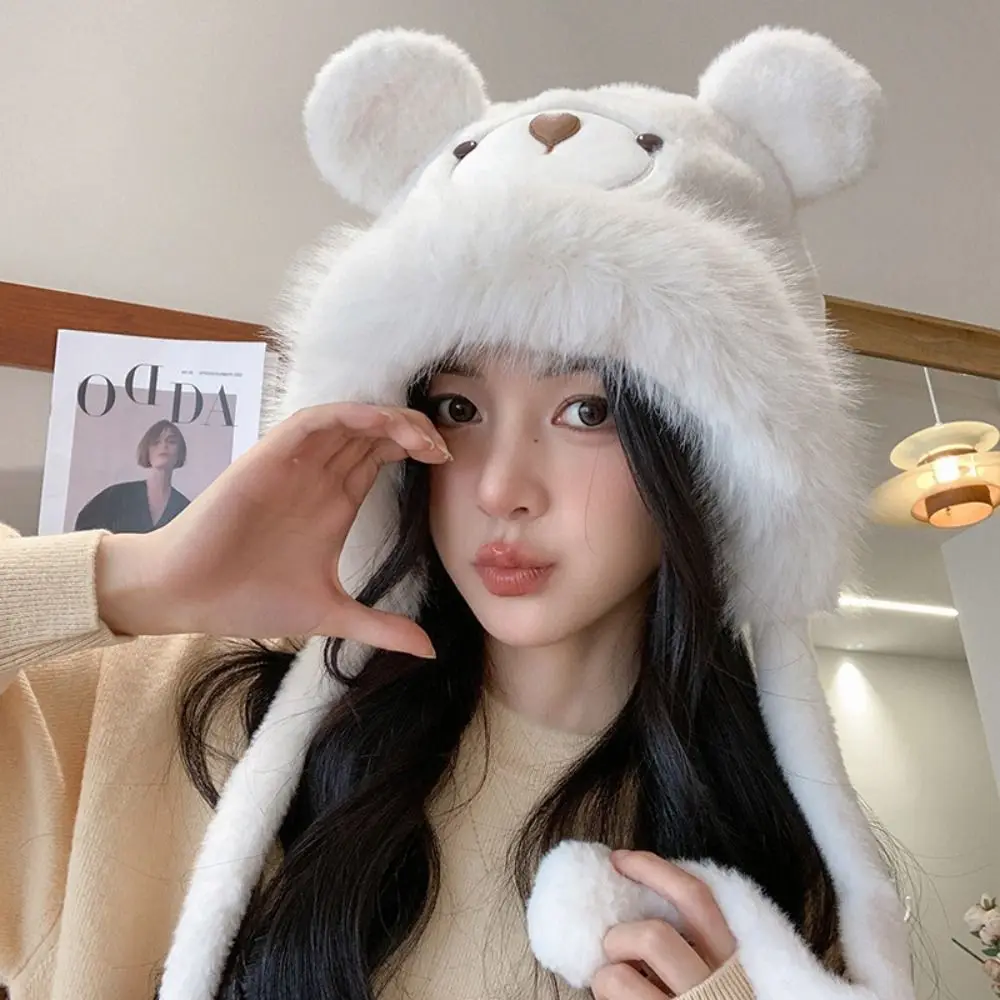 Cute Cartoon Bear Ears Hat Windproof Thick Warm Winter Plush Hat Ear Protection Solid Color Earflap Bonnet Hat