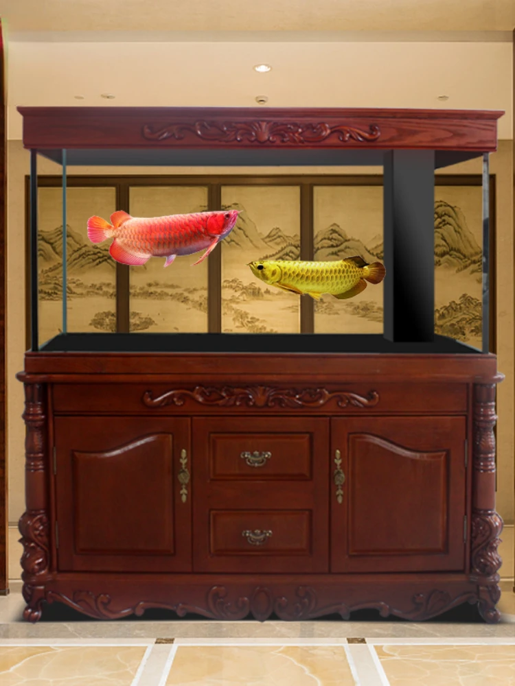 Solid Wood Fish Tank Large Change Water Ecological Aquarium Chinese Style Solid Wood Carved American Screen Arowana Fish Tank