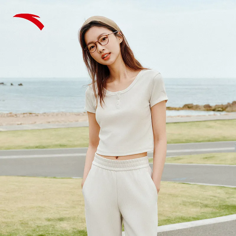 ANTA High elasticity tight fitting short T short knitted short sleeved women's summer casual simple T-shirt top