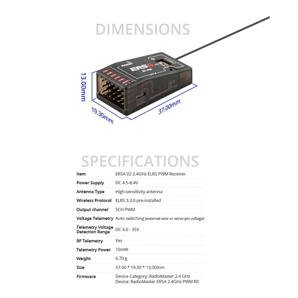 For Radiomaster ER5A V2 RX Receiver 5CH ELRS 2.4GHz PWM Receiver for RC FPV Fixed-Wing Racing Drone