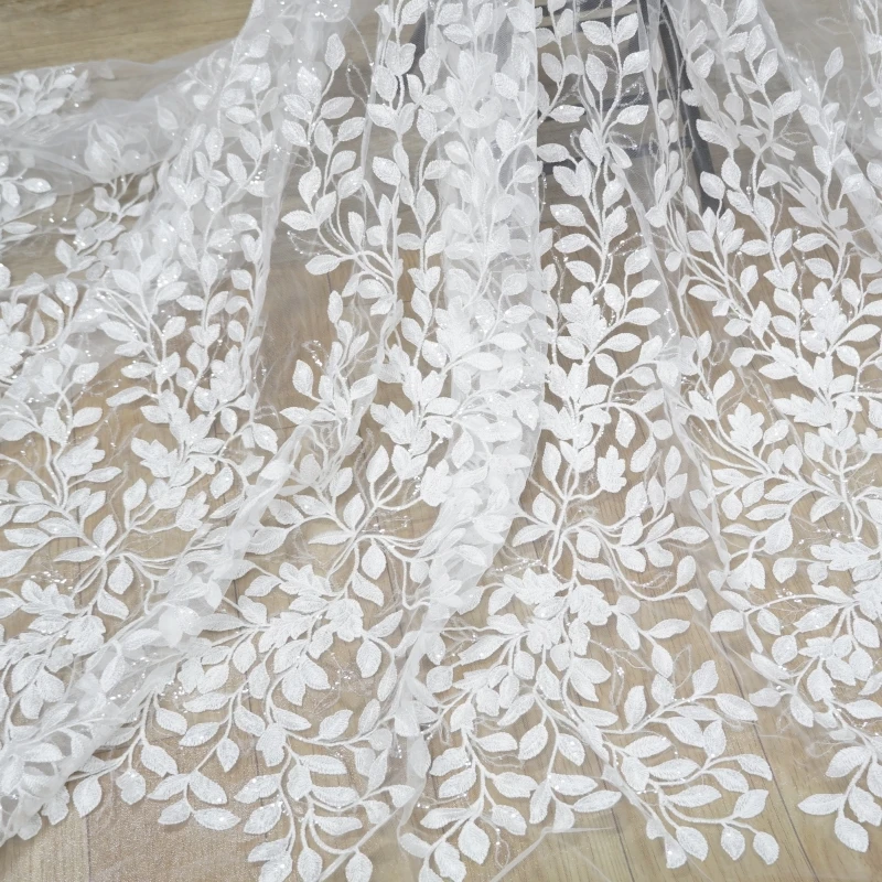 1 Yard Chic Leaf clear Sequins Embroidery Leaf Bridal Applique lace fabric Mesh For Birthday Dress, Ball Gown, Costume Design