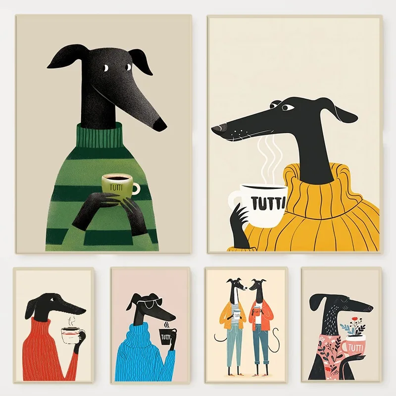 Verspielte Lustige Hunde-Kaffee-Leinwanddrucke Poster Farbenfrohe Niedliche Tier-Kunstdrucke Wohnzimmer Wandkunst Heim-Dekor Kunstposter Geschenke