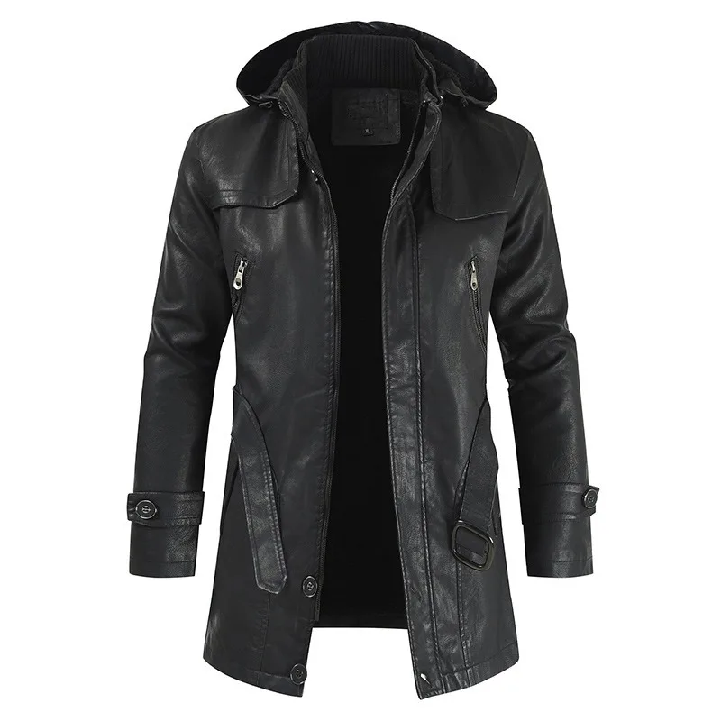 

Men's Plush Leather Long Jacket Motorcycle PU Leather Jacket Winter Coat Winter Hooded Jacket Jacket with fur Outwear for Men