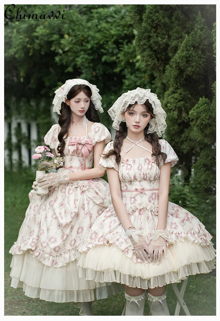

Original Princess Sweet Rose Handle Figure Gemini Op Dress Summer Lolita Cute Girl Skirt Lift Temperament Party Dresses Women