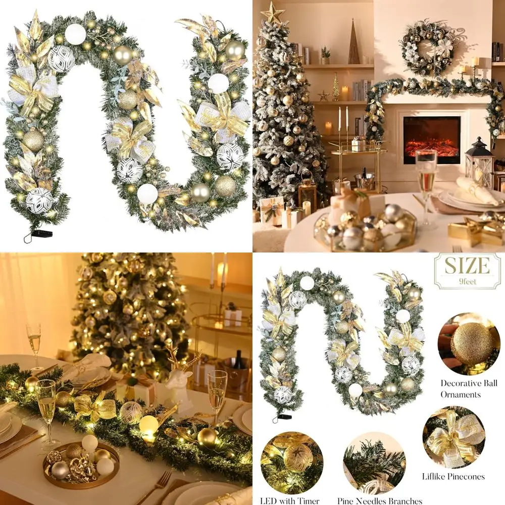 

9-Foot Pre-Lit Christmas Garland with White and Gold Balls and Ribbons for Mantle and Outdoor Decoration