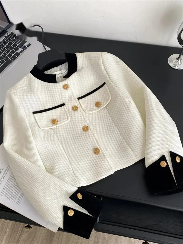 

Autumn Fashion Office Lady Coat Long Sleeves Metal Button Color Block Thick Short Jackets Winter Striped Classic Top