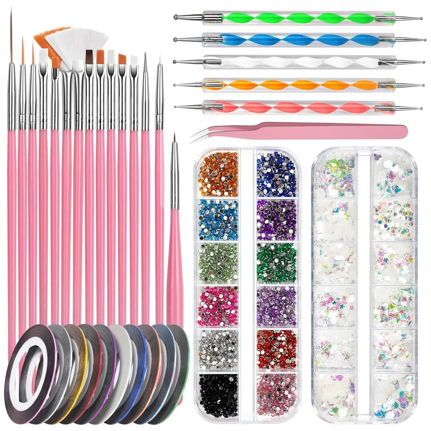 Salon-Grade Complete Nail Art Kit: Includes Brushes, Dotting Tools, Glitters, Rhinestones, Decorative Strips & Tweezers