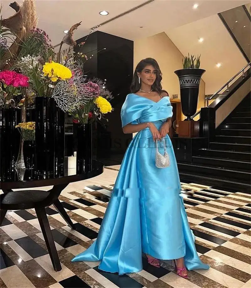 Gaun Pesta Prom Satin Biru Langit Gaun Malam Bahu Terbuka Gaun Acara Formal Putri Duyung Gaun Pesta