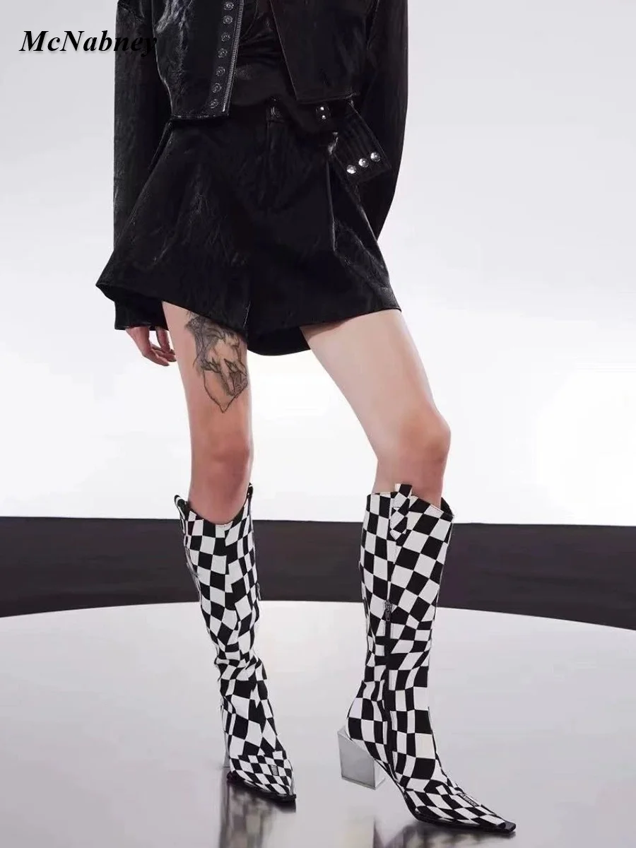 

Woman Black White Checkerboard Knee-High Boots Silver Metal Chunky Heel Pointed Toe Zip Ladies Autumn Catwalk Show Knight Shoes