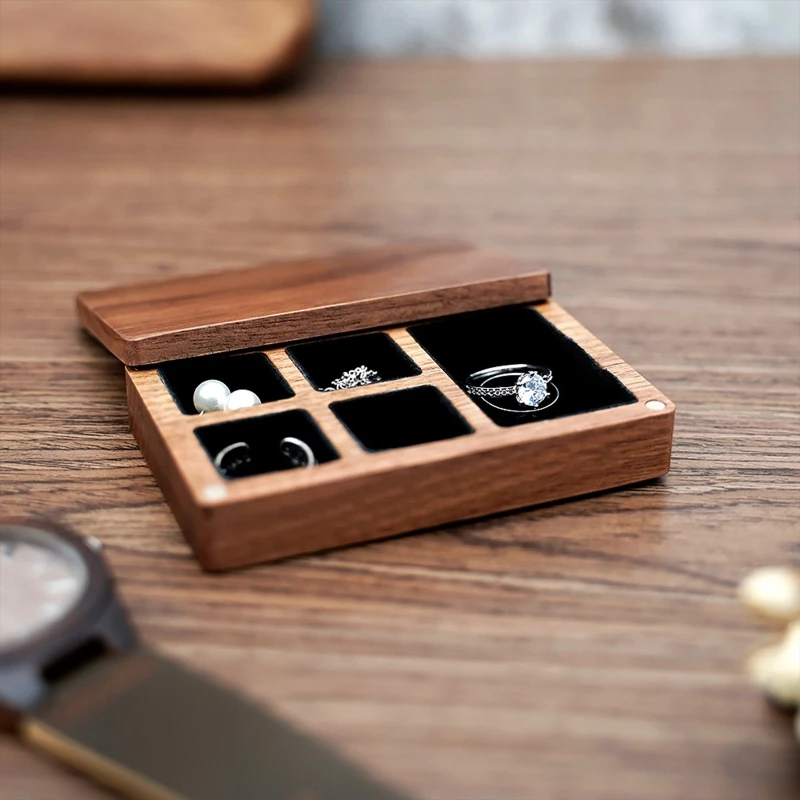 Walnut Wood Jewelry Box Engagement Wedding Ceremony Ring Storage Proposal Portable Ring Holder Rustic Wedding Ring Box