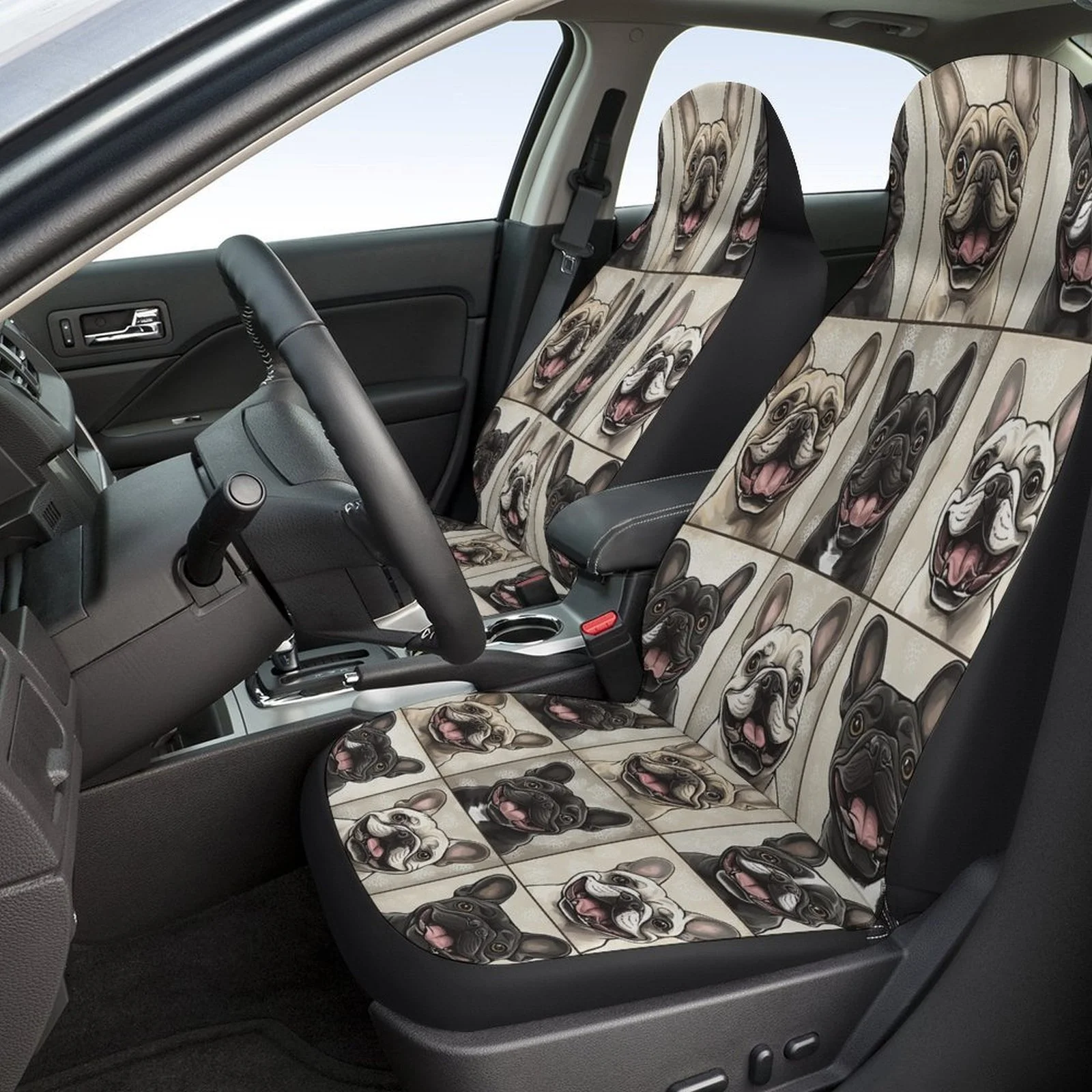 French Bulldog Themed Car Seat Cover Set For Most Vehicles - Fit For 2-Seat Cars (Front & Rear Seats), Cute Frenchie Dog Design