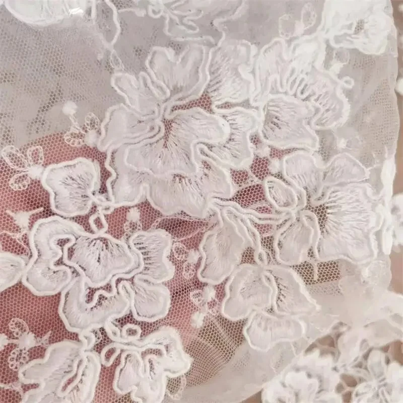 

Cotton Embroidery Flower Lace Fabric, Advanced Border Embroidery FlowerClusters Bride Wedding Dress Fabric Background Decoration