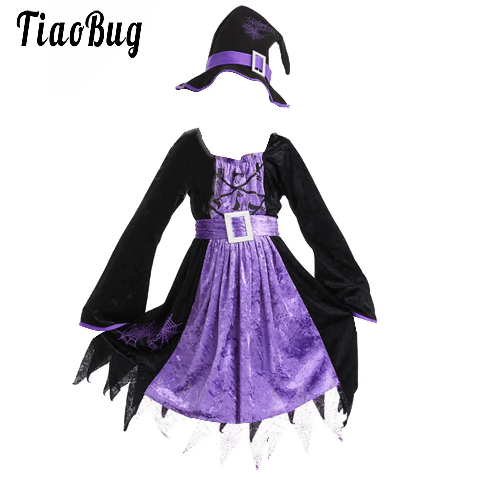 

Halloween Girls Witch Dress Up Costumes Purple And Black Long Sleeve Witch Dress With Hat Kids Spiders Cosplay Witch Outfits