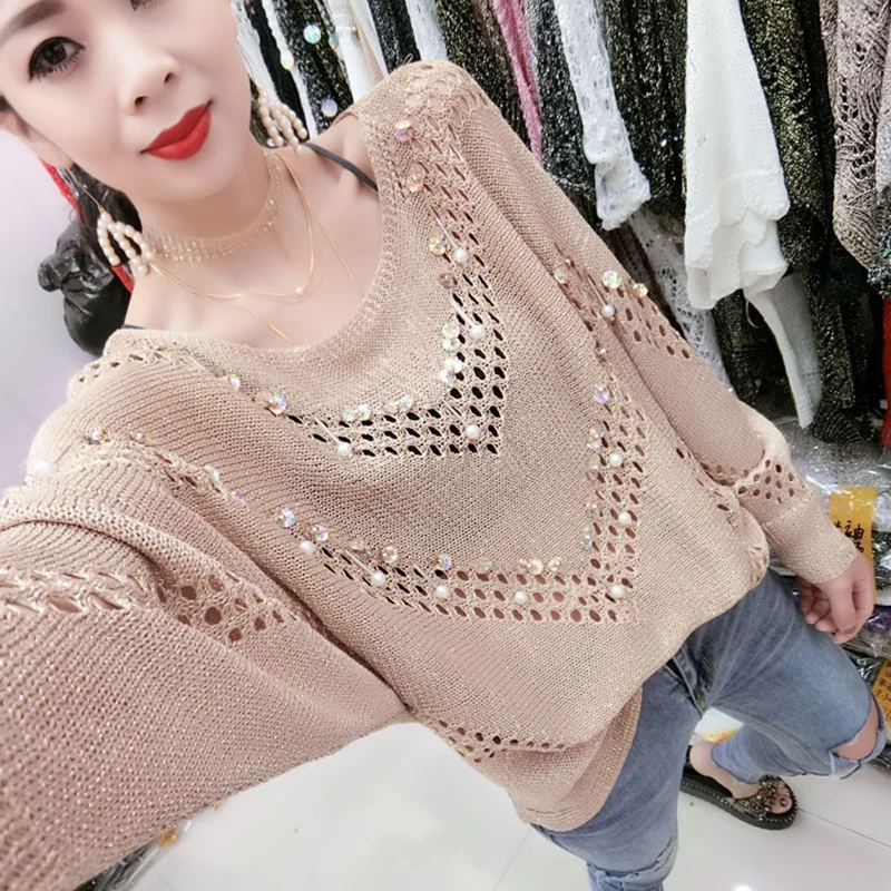 

Spring Hot Sparkle Knit Tops Women Sequined Sweaters Long Sleeve Big O-neck Casual Loose Embellish Jumpers Top Lady 5 Colors