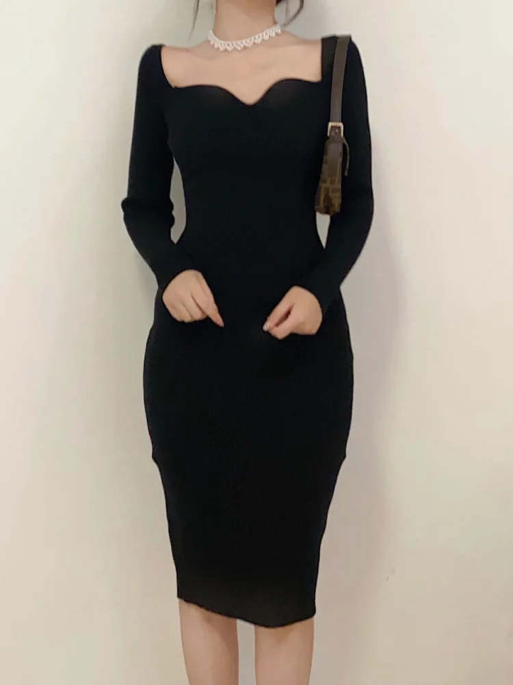 Vintage Harajuku Slim Sweater Dress Women Autumn Winter Long Sleeve Bodycon Knitted Midi Dresses Party Evening Club Female