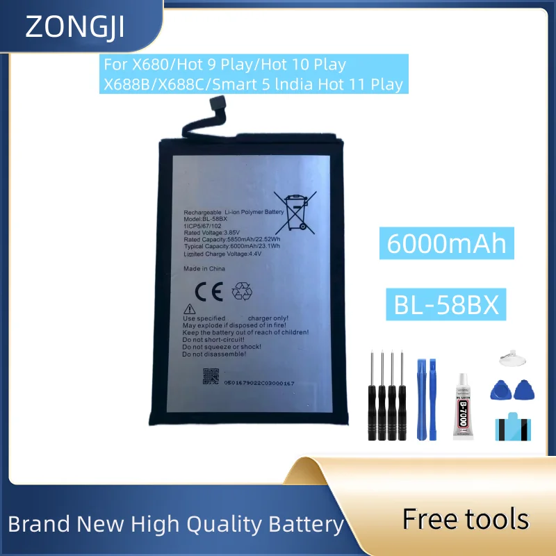 New Battery BL-58BX Battery For X680/Hot 9 Play/Hot 10 Play/X688B/X688C/Smart 5 Mobile Phone Batteries + Free Tools