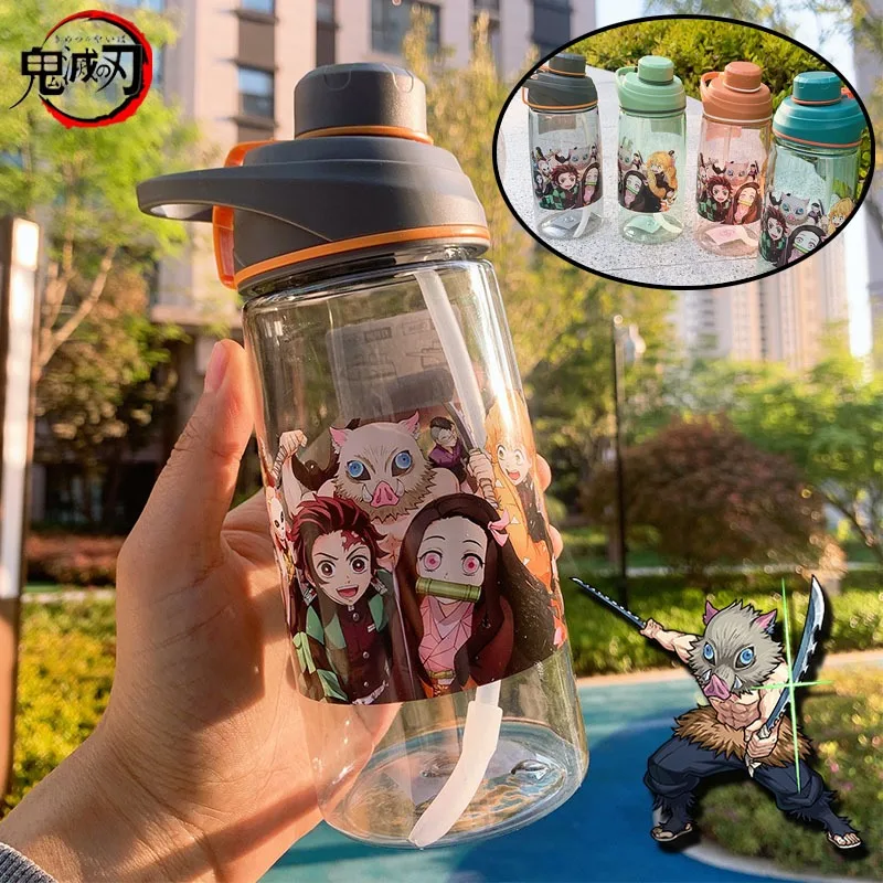 Demon Slayer Kunststoff-Wasserflasche für Kinder, Sportflasche, Outdoor, tragbar, Strohbecher, Schule, Anime, Nezuko, Trinkflaschen