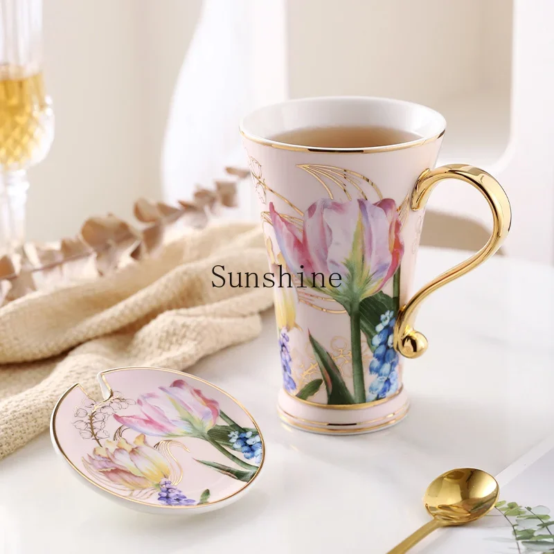 Pastoral ceramic mug with lid spoon water cup household cup simple creative personality trend