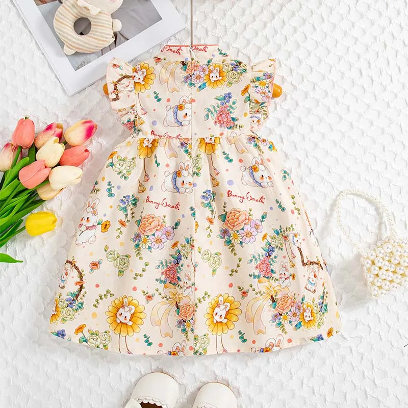 Baby Girl Dress Summer Floral And Cartoon Bunny Pattern Short Sleeve Baby Dresses Cute Gentle Demure Girl Kid's Clothing