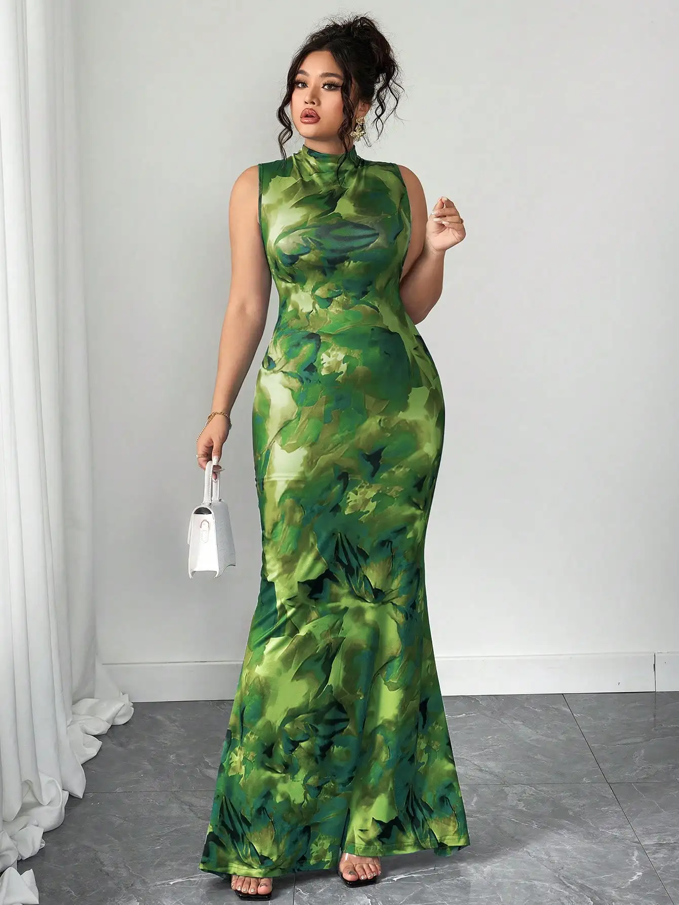 

Elegant Floral High Neck Sleeveless Maxi Dress For Women, Figure Flattering Mermaid Silhouette Summer Vacation Dress