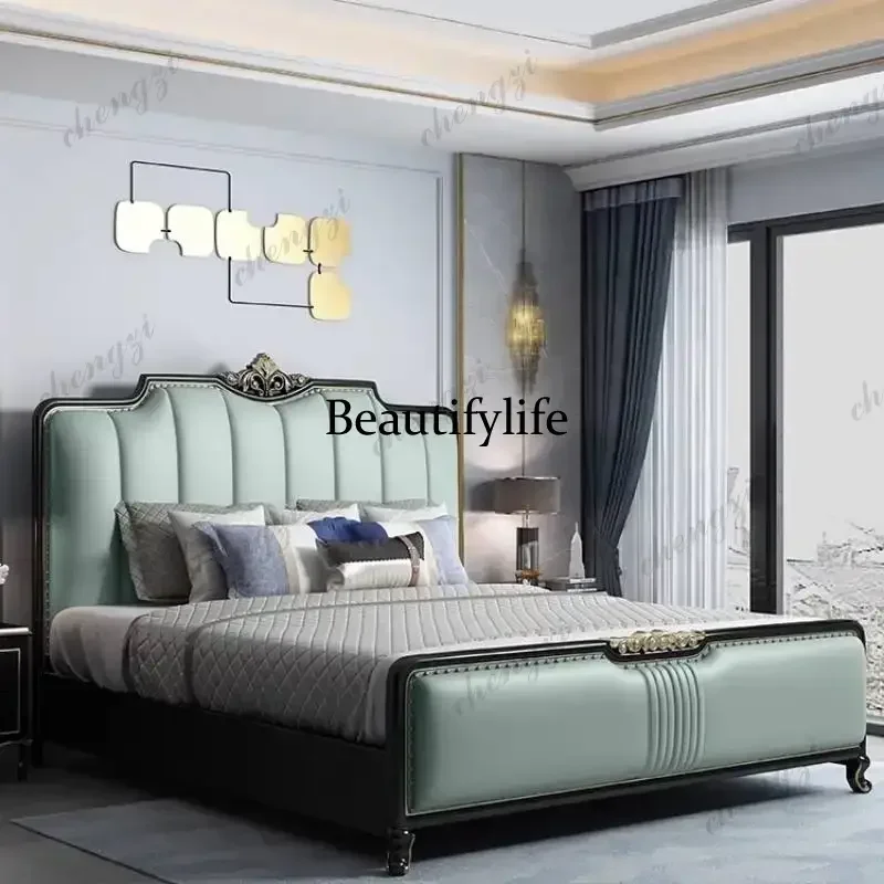 European Green Double Bed Couples Large Storage Wooden Floating Double Bed Size Style Metal Cama Matrimonial Furniture For HomeN
