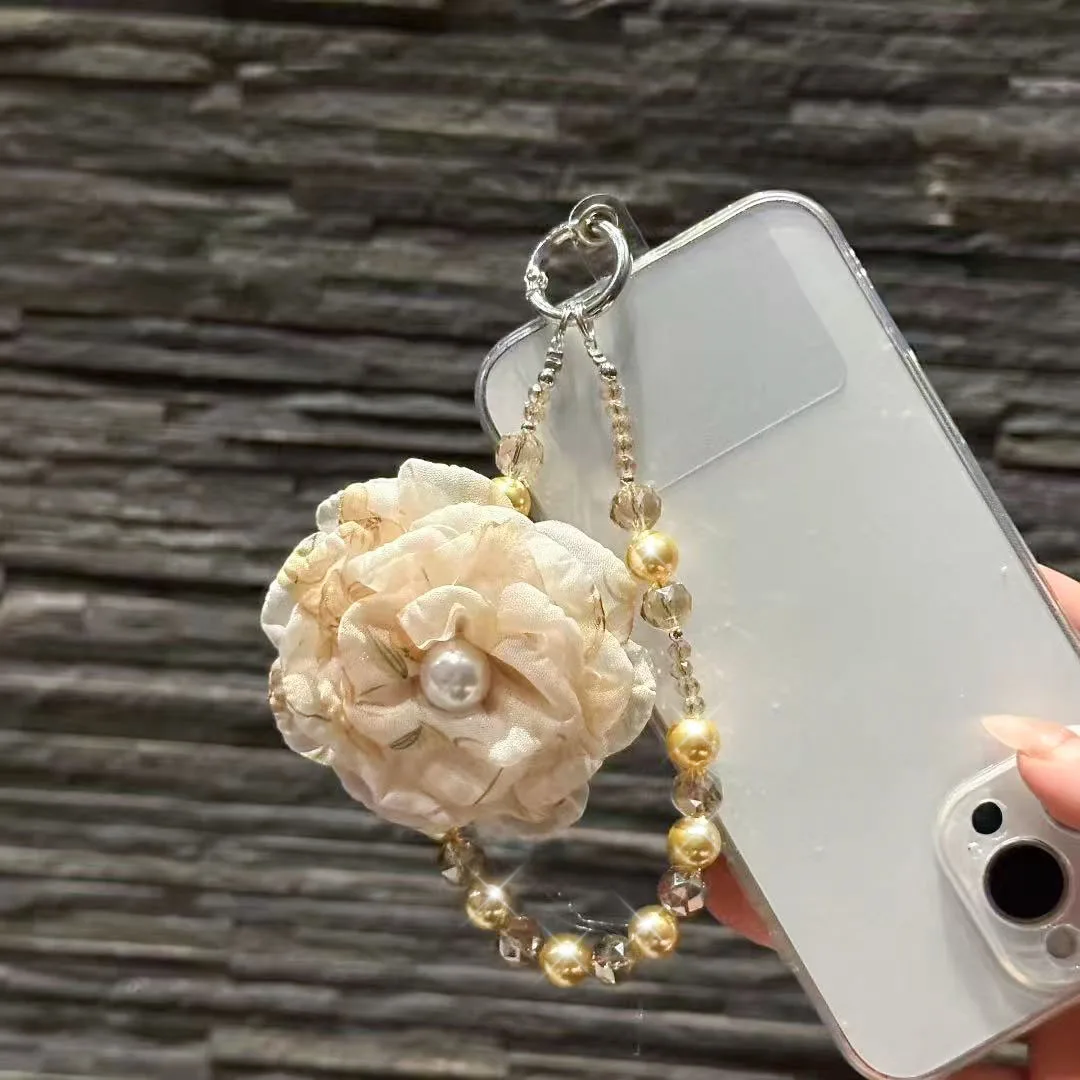 Роскошный ремешок для телефона с жемчугом и камелией, цепочка с цветком из бисера, ремешок с защитой от потери, чехол для мобильного телефона, аксессуары, брелки для женщин