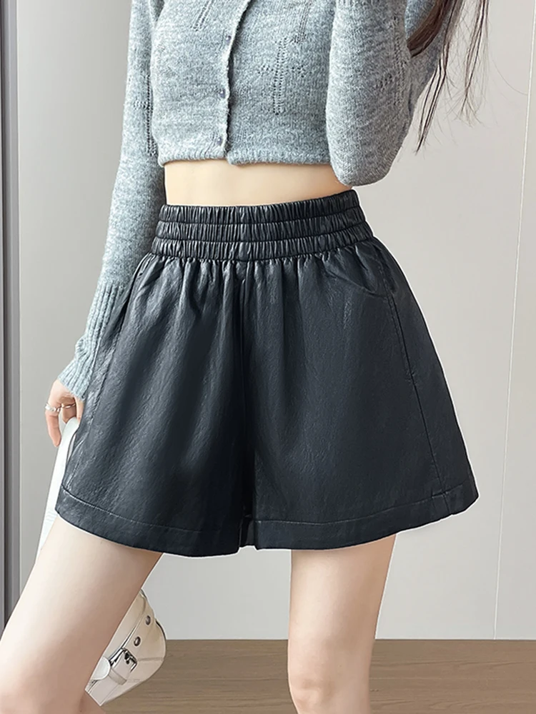 American Retro High Waist PU Leather orts Women's Autumn Loose Slimming Wide Leg Pants Faionable Casual Trousers