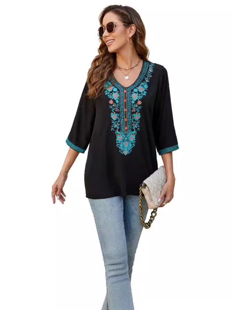 KHALEE YOSE Black Floral Embroidery Blouses Shirt V-neck Loose Ukraine Summer Boho Hippie Boho 23xl Ethnic Chic Shirt Women Top