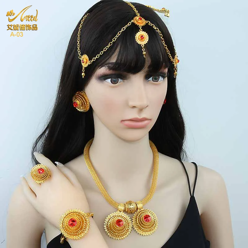 ANIID Ethiopian Gold Plated 6PCS Jewelry Set For Women Indian Red Crystal Habesha Luxury Jewellery Sets Wedding Party Gifts