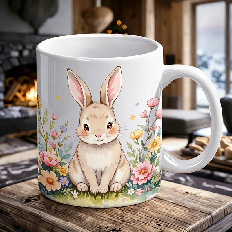 

2026 Fashion NEW Mug Coffee Cup Ceramic Cup Cute Bunny with Floral Garden Print