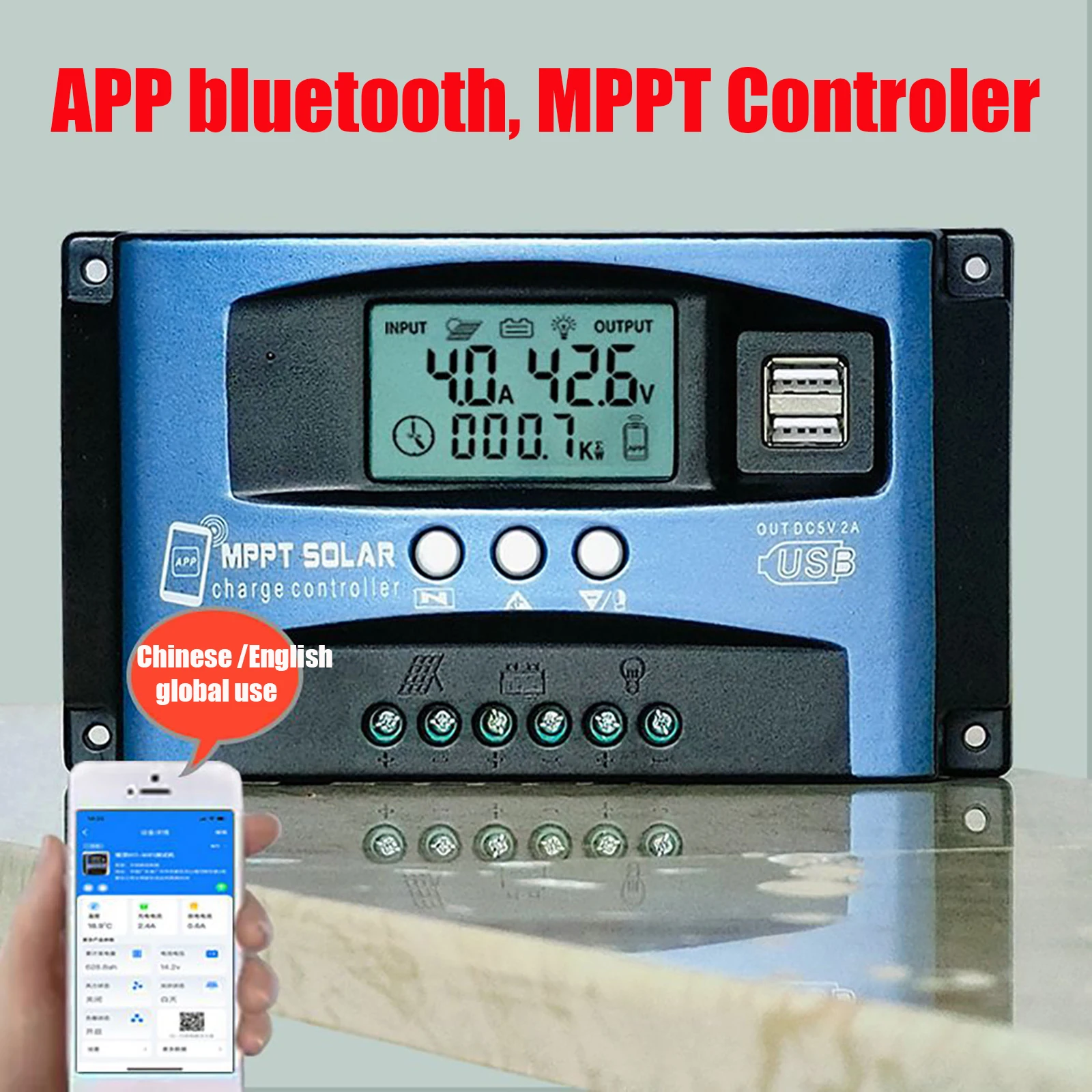 MPPT Solar Charge Controller 30/40/50/60/100A Solar Controller Bluetooth 12V 24V36V48V 60V Dual USB Auto Panel Regulator Charger