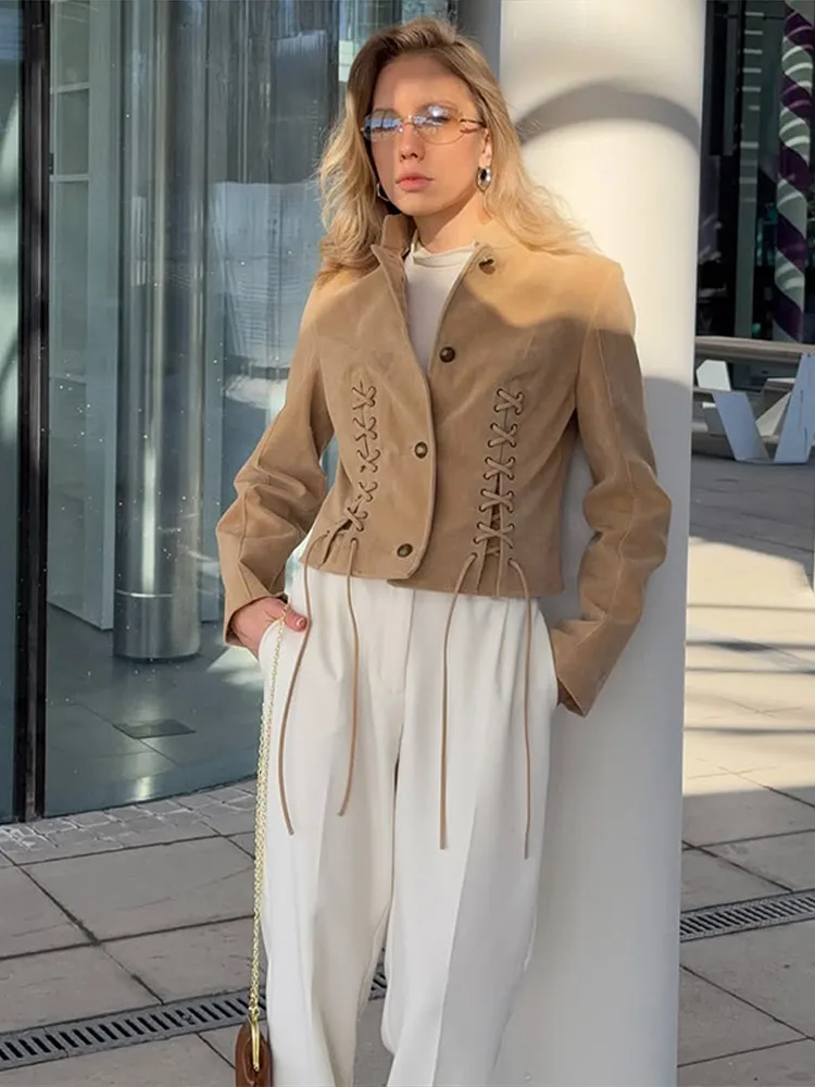 Vintage Women's Cropped Jacket Stand Collar Lace Up Long Sleeve Button Slim Camel Coat 2026 Autumn Lady Fashion New Streetwear