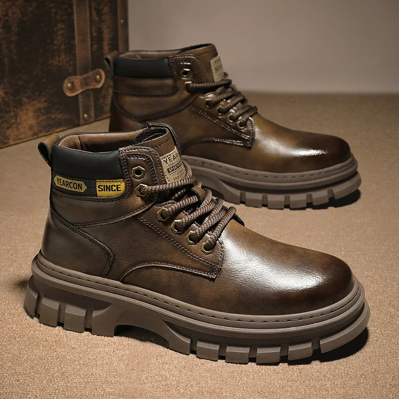 Men's High Top British Style Workwear Boots Autumn New Thick Sole Versatile Casual Shoes Wear-Resistant Comfortable Leather