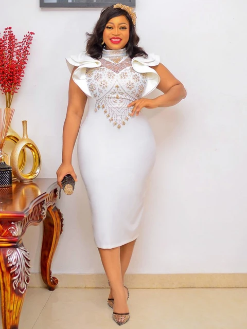 2024 ete independant femmes africaines fibrPolyester blanc robe au genou robes africaines pour les femmes S 3XL vetements africains AliExpress