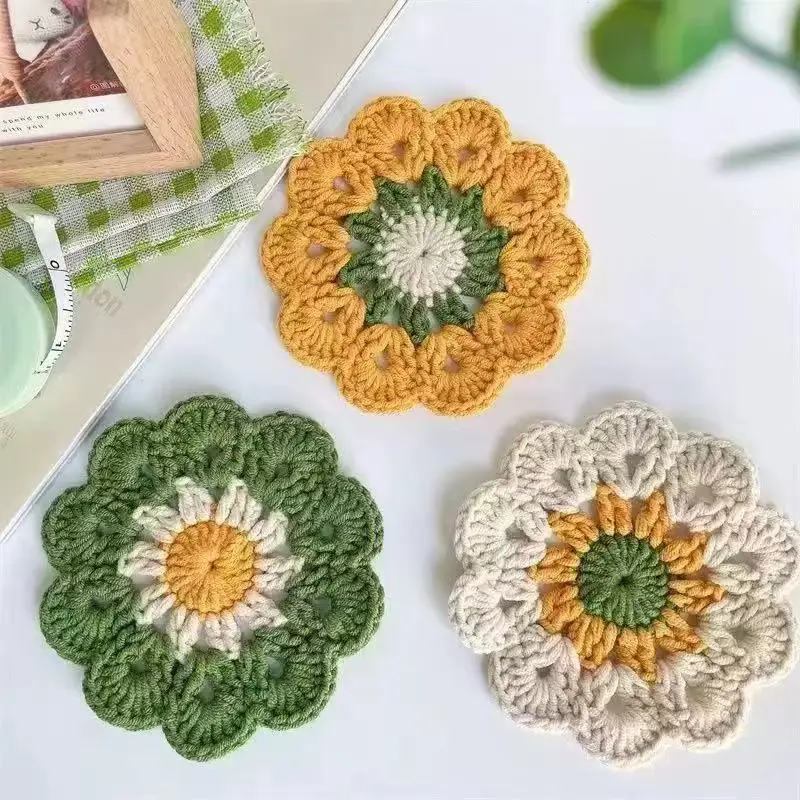 New cute Instagram-style small floral cup mat placemat and heat‑resistant coaster handmade with yarn and crochet flower coasters