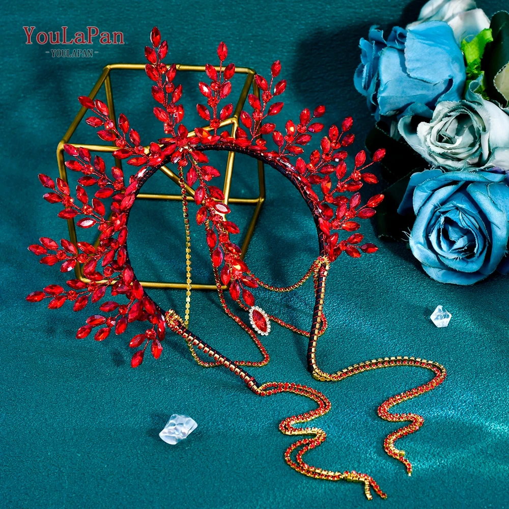 

YouLaPan Sparkling Rhinestone Bridal Headband Wedding Crown Hair Jewelry With Long Chains Handmade Bridal Head Ornament HP952