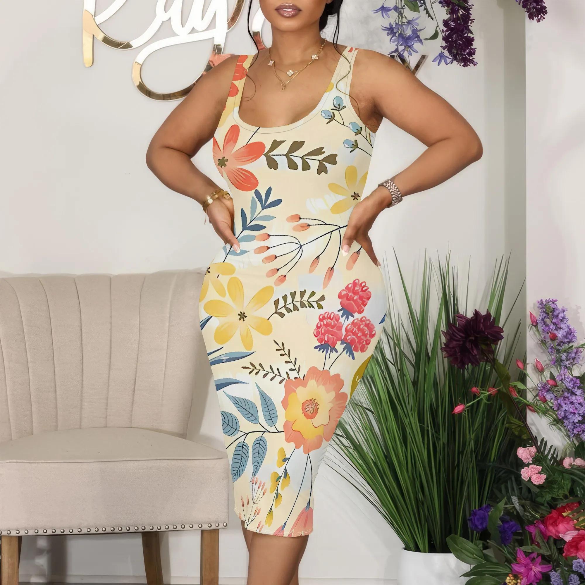 

Nupusa Floral Print Dress for Women Standard Size Summer Casual Square Neck Sleeveless Midi Dress