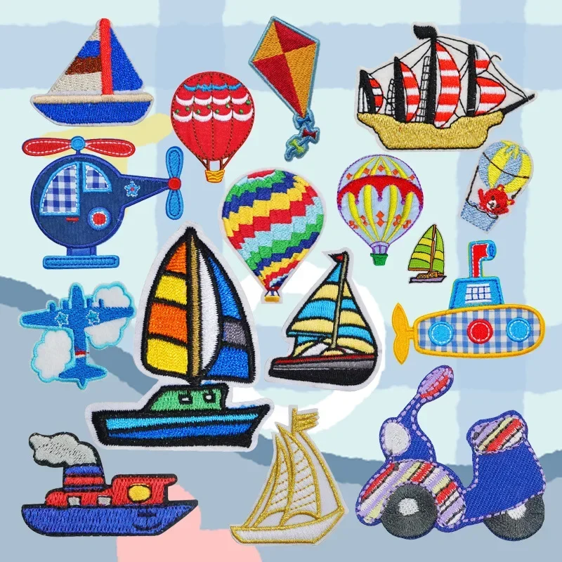 Small Sailing Boat Pattern Embroidery Iron on Patch Cartoon Plane Helicopter Steamship Cloth Stickers Colorful Balloon Appliques