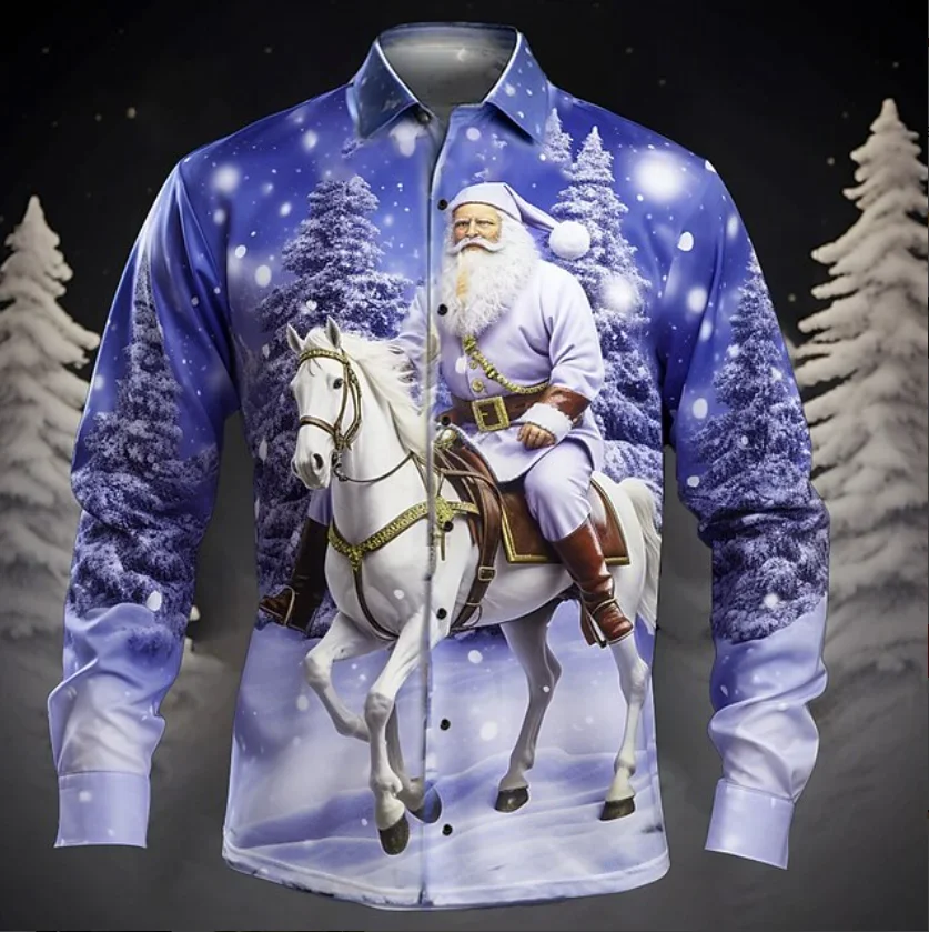 Christmas Theme Men Casual Long Sleeve 3D Star Printed Street Party Long Sleeve Soft and Comfortable Shirt Santa Hot Sale