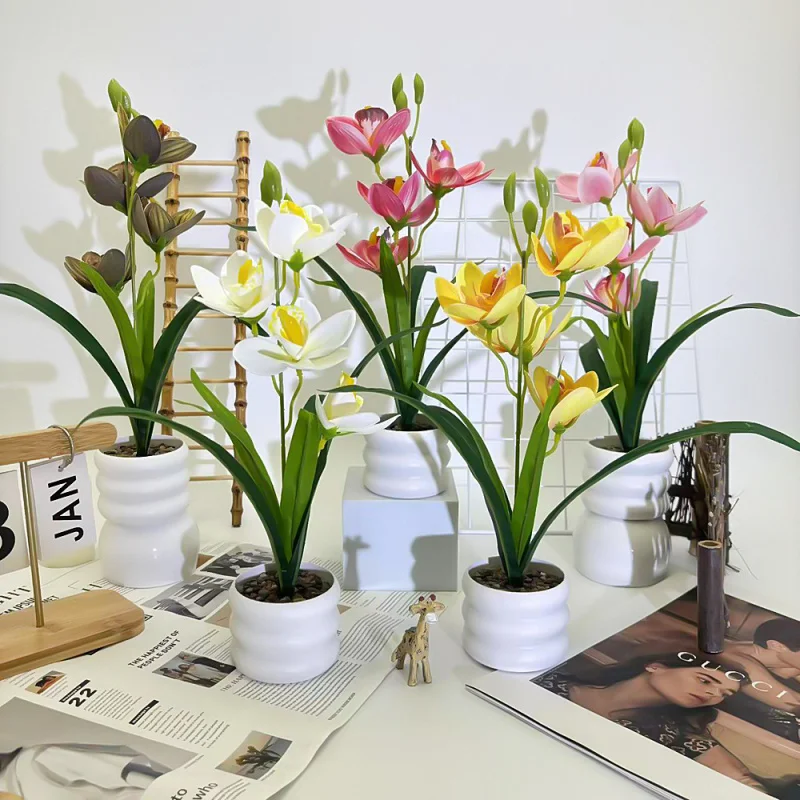 Cuatro Flores Huilan, Flor de Lluvia de Piedra, Bonsái, Decoración para Bodas y Hoteles, Flor Artificial, Adorno de Cerámica