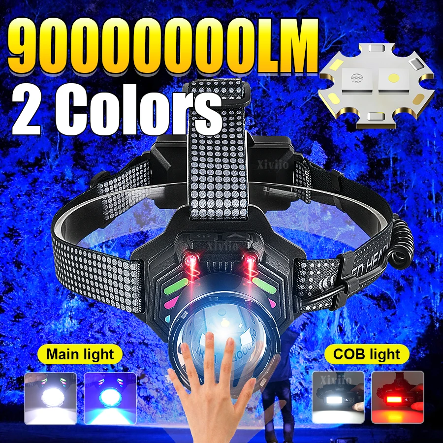 

90000000LUX 900 Вт 2 * светодиодный налобный фонарь высокой мощности, перезаряжаемый налобный фонарь, мощный датчик, фонарики, освещение 4000 м, кемпинг, рыбалка