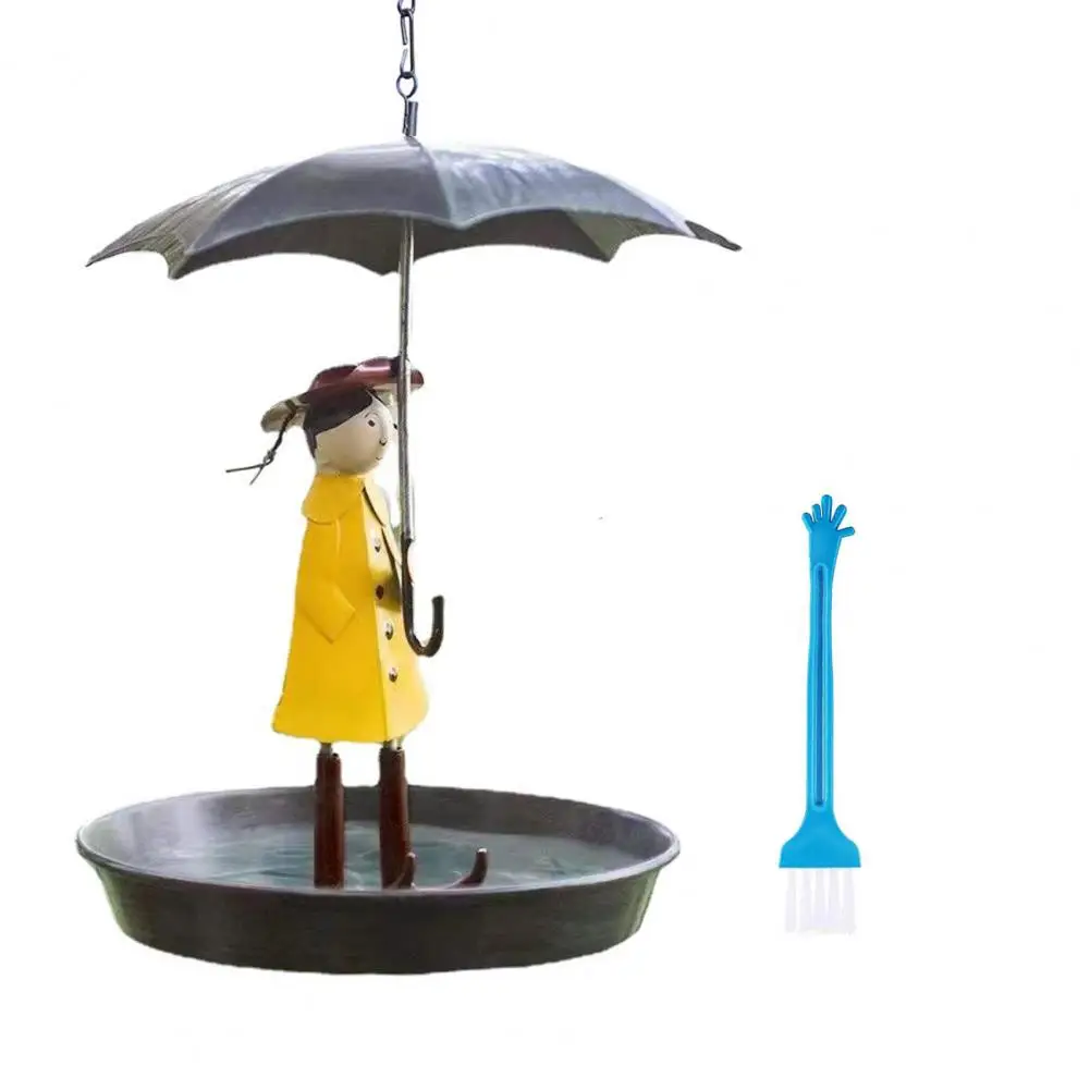 Hanging Bird Feeder Set with Metal Chain Umbrella Girl Design Metal Bird Feeders Feeder with Brush for Outdoor Garden Decor