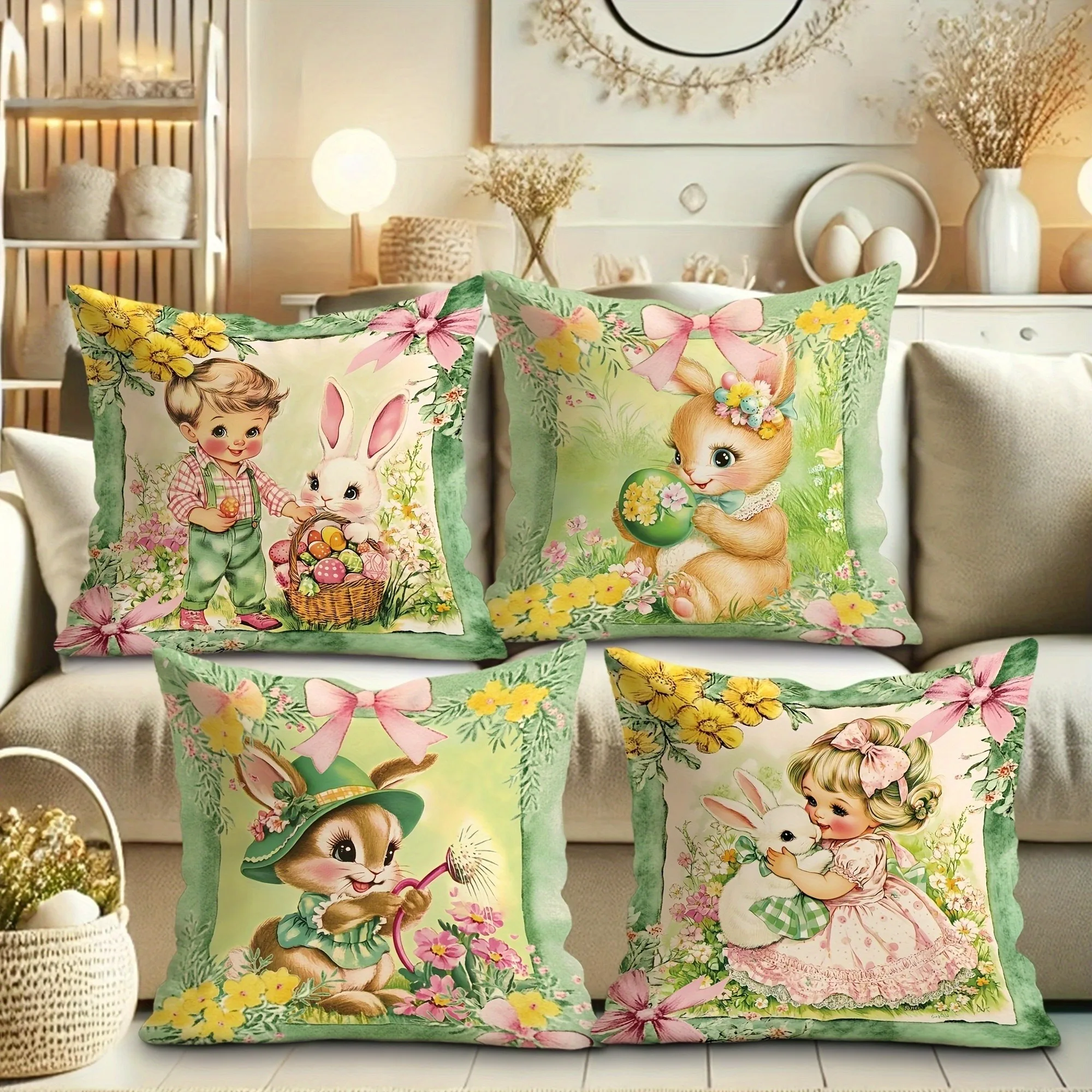 

Easter Bunny & Kid Pillowcase, Vintage Floral Egg Design, Whimsical Spring Home Decor Cushion Cover