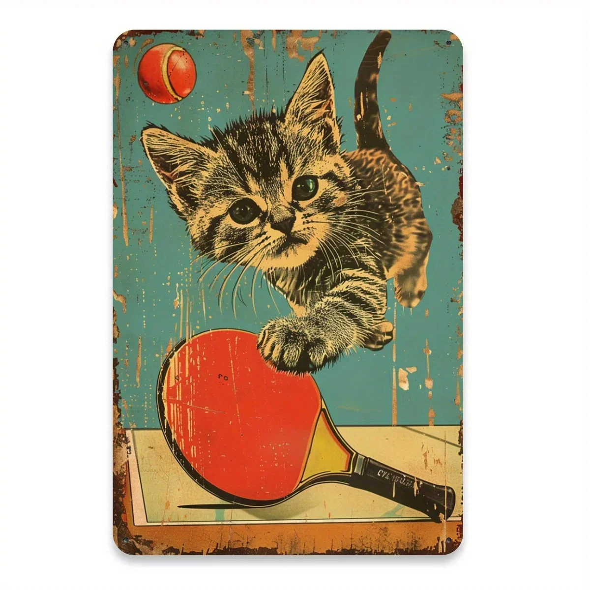 2026--1pc Vintage Ping Pong Kitten Metal Tin Sign, Retro Cat Playing Ping Pong Art, 20x30 cm Iron Wall Decor for Gym, Cafe, Gift