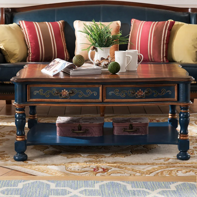 أثاث غرفة المعيشة طاولة قهوة من الخشب الصلب بطول 1.2 متر ودرج على الوجهين وطاولة قهوة زرقاء مطلية يدويًا