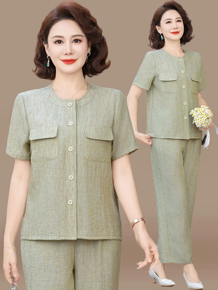 

Комплект из хлопка и льна: рубашка с коротким рукавом и футболка для женщин среднего возраста, летний модный свободный крой, комплект из двух предметов.