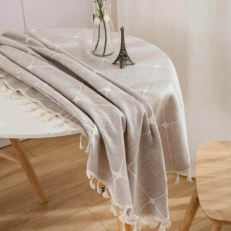 Round Tassel Plaid Tablecloths Heavy Weight Cotton Linen Fabric Dust-Proof Table Cover Kitchen Dining Party Tabletop Decorations